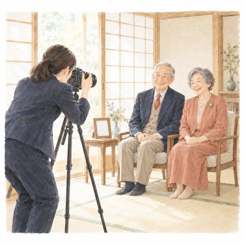 明るい和室の窓辺で、写真家が椅子に並んで座るご夫婦を撮影している水彩のイラスト