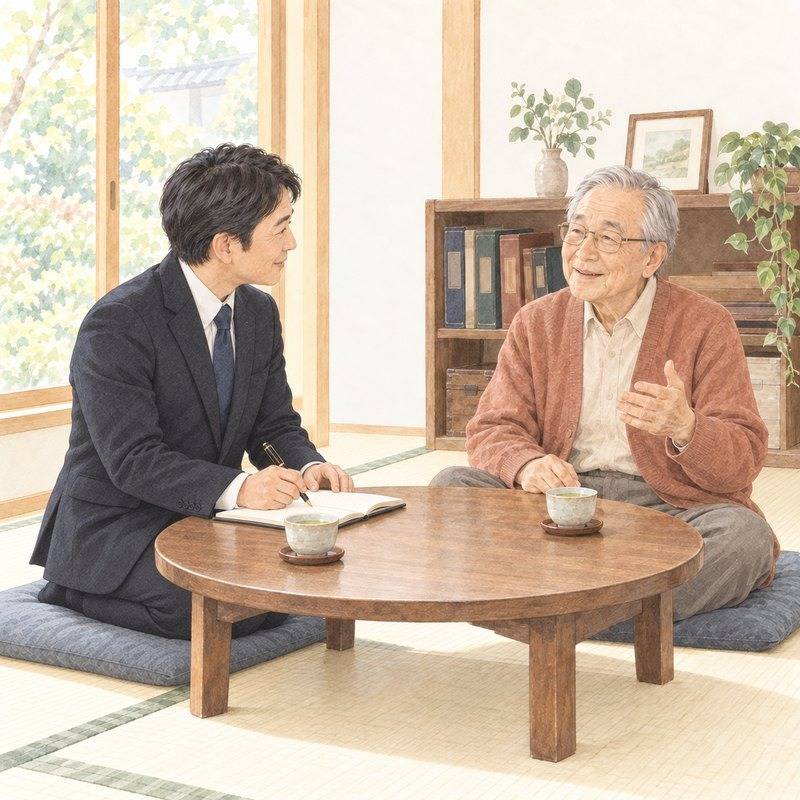 明るい居間のちゃぶ台で、黒いスーツのスタッフが年配の男性のお話をノートに書きとめている水彩のイラスト