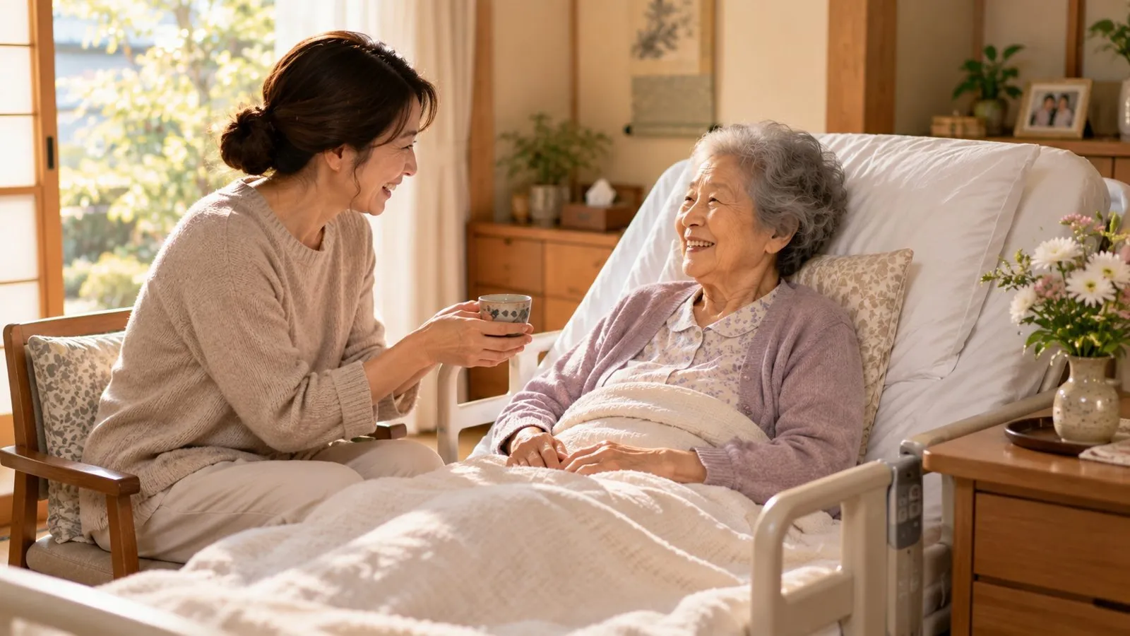 自宅の介護ベッドで起き上がる母と、お茶を差し出して笑い合う娘