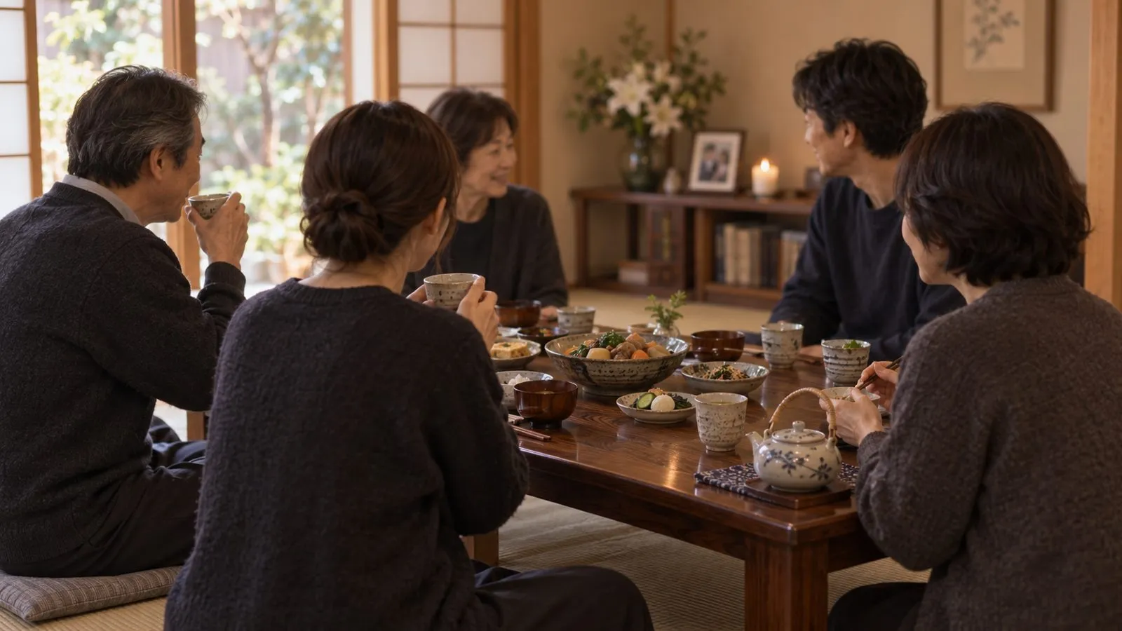 和室の座卓を囲み、手料理とお茶で静かに語らう家族5人