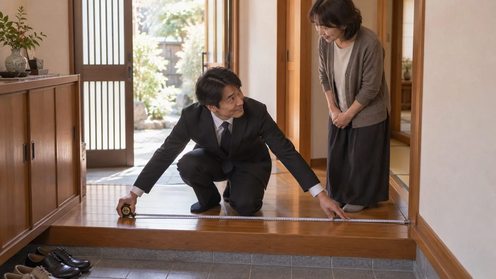 玄関でスタッフが廊下の幅をメジャーで測り、ご家族に説明している下見の様子