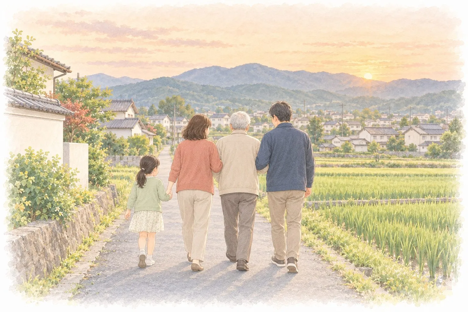 夕暮れの富田林を散歩する三世代の家族