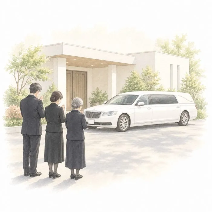 霊柩車で出棺