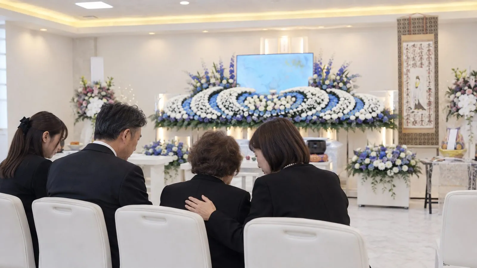 白い式場で、花祭壇を前にご家族が語り合う様子(イメージ)