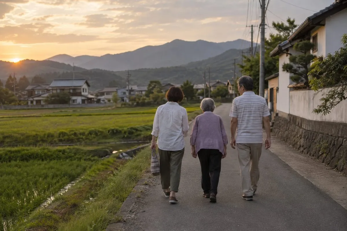 夕暮れの道を歩くご家族(イメージ)