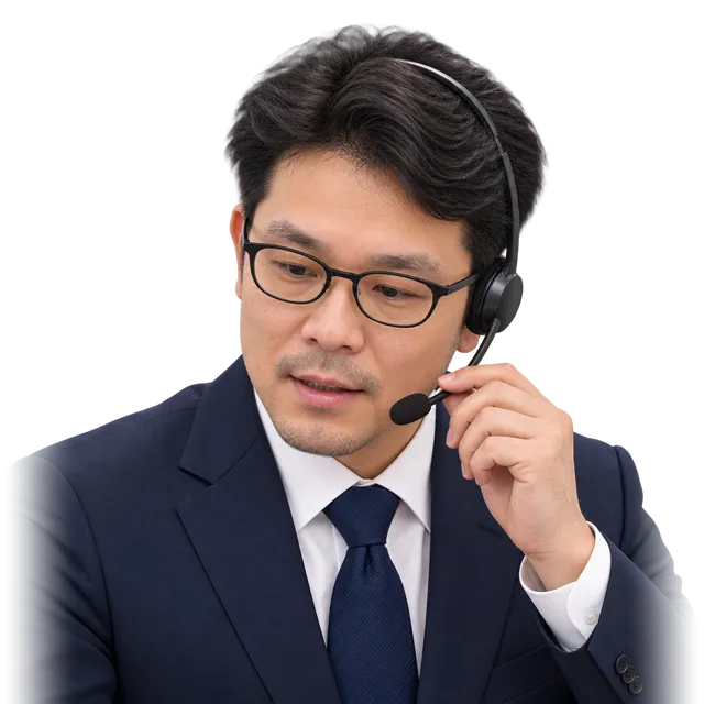 ヘッドセットで電話を受ける代表の大西(イメージ)