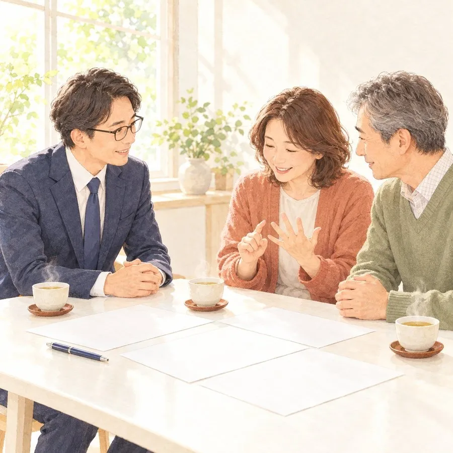 家族葬の天翔,葬儀の見積もり,相談室で夫婦が指を折って人数を数え、スタッフが穏やかに聴いている水彩画