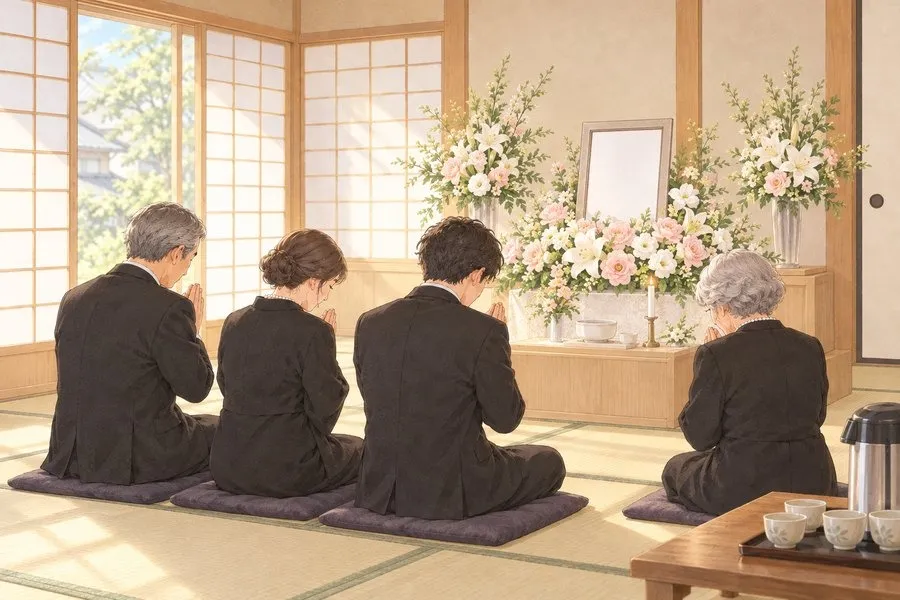 家族葬の天翔,大阪狭山市の家族葬,地域の集会所に花祭壇を整えて家族が手を合わせる水彩イラスト