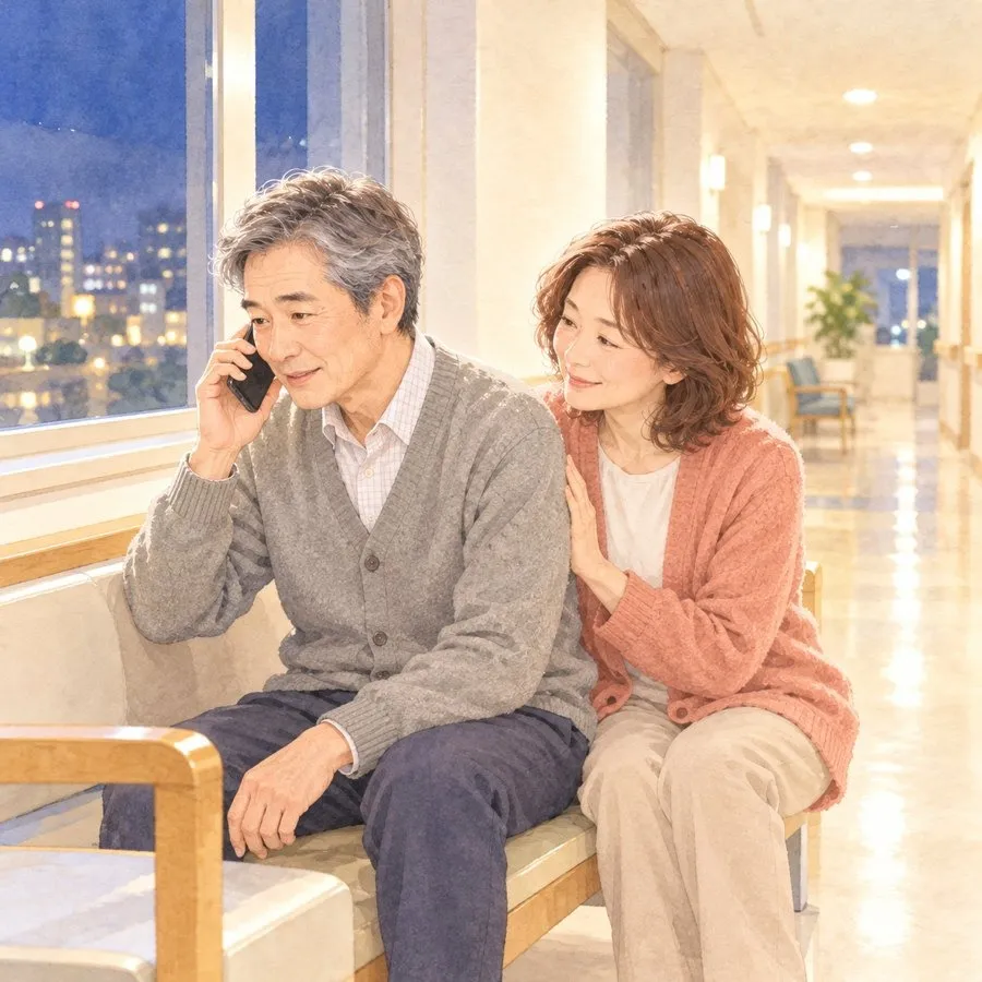 家族葬の天翔,家族が亡くなったら,夜の病院の廊下で男性が落ち着いて電話をかけ、隣で妻が背中に手を添えている水彩イラスト