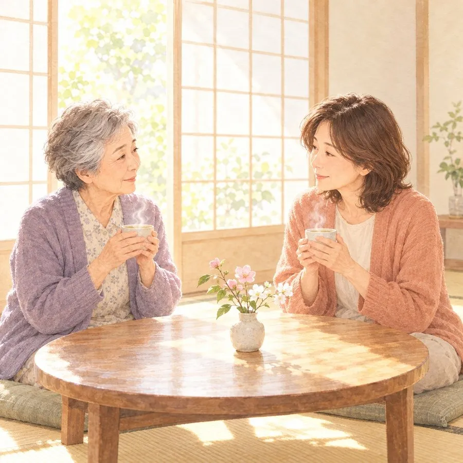 家族葬の天翔,ご安置のあと,朝の和室で母と娘さんが湯呑みを手に、ほっとひと息ついている水彩イラスト