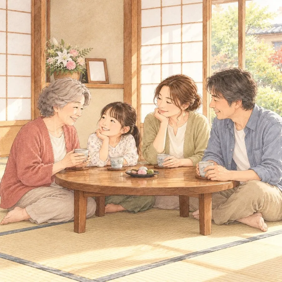 家族葬の天翔,自宅葬のメリット・デメリット,住み慣れた和室で家族が座卓を囲み、お茶を手に語らう水彩イラスト
