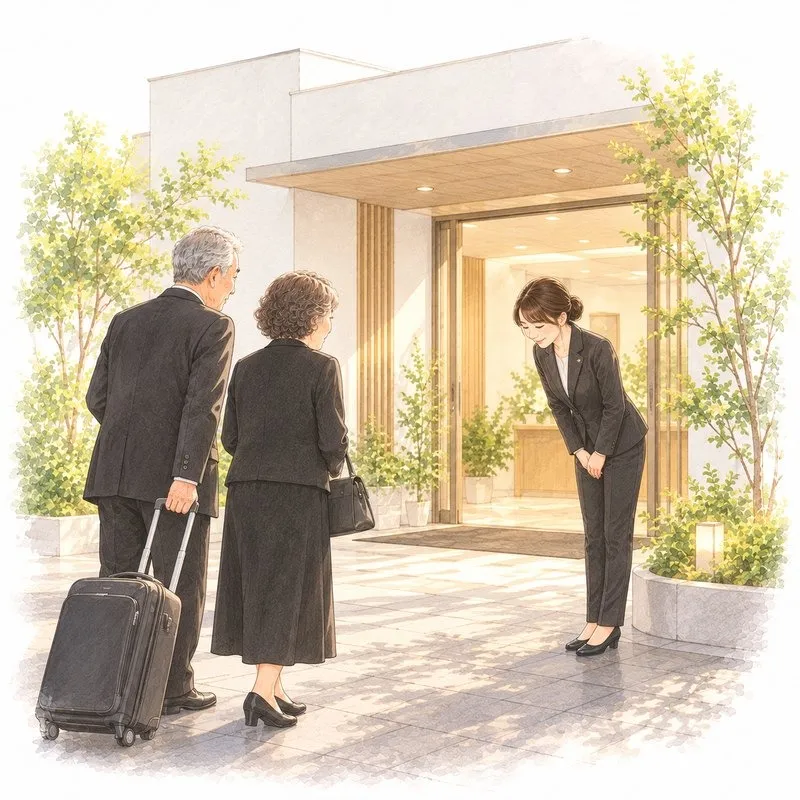 朝、スーツケースを引いて式場に着いたご夫婦を、スタッフが玄関で迎えている