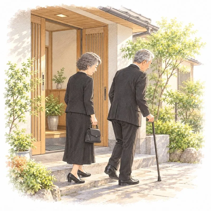 朝、喪服のご夫婦が杖とバッグを持って自宅の玄関を出るところ