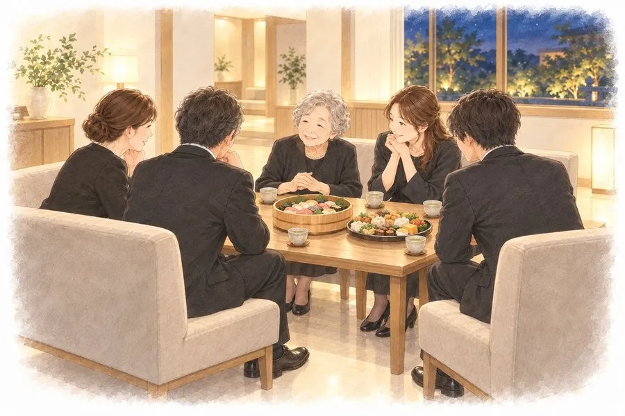 家族葬の天翔,通夜振る舞い,式場の控室で家族が食事を囲み、温かい灧りの中で思い出を話す水彩イラスト