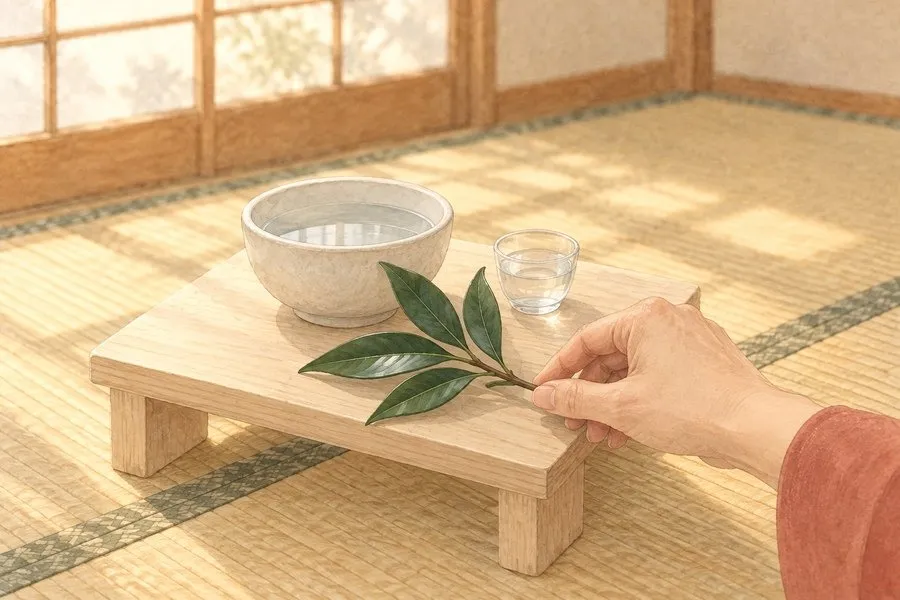 家族葬の天翔,末期の水とは,白木の台にお水とお酒、樒の小枝が置かれ、家族が樒を手に取る水彩イラスト