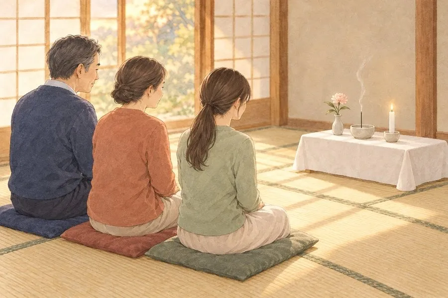 家族葬の天翔,末期の水の順番,和室で家族3人が座布団に並んで座り、穏やかに話す水彩イラスト