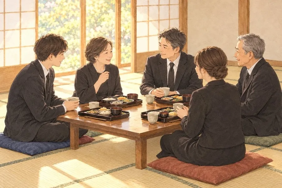 家族葬の天翔,精進落としとは,控室の座卓で家族がお食事を囲み、思い出を話す水彩イラスト