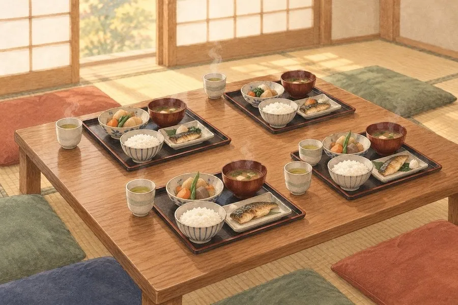 家族葬の天翔,火葬中の食事,控室の座卓に並んだ和食のお膳とお茶の水彩イラスト