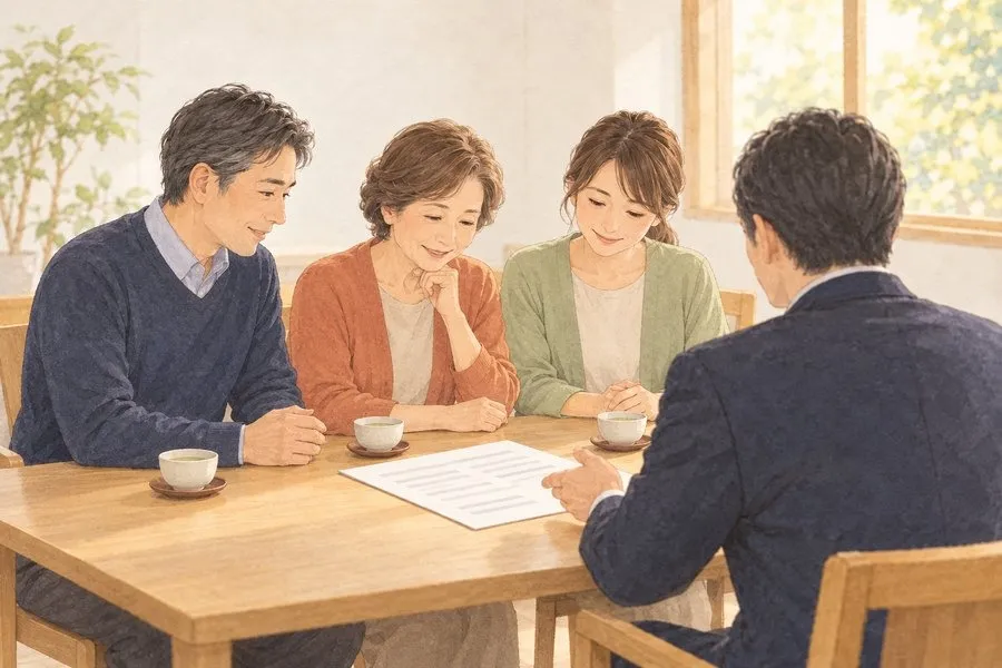 家族葬の天翔,追加費用が無い理由,打ち合わせ室でご家族が見積書を見てほっとしている水彩イラスト