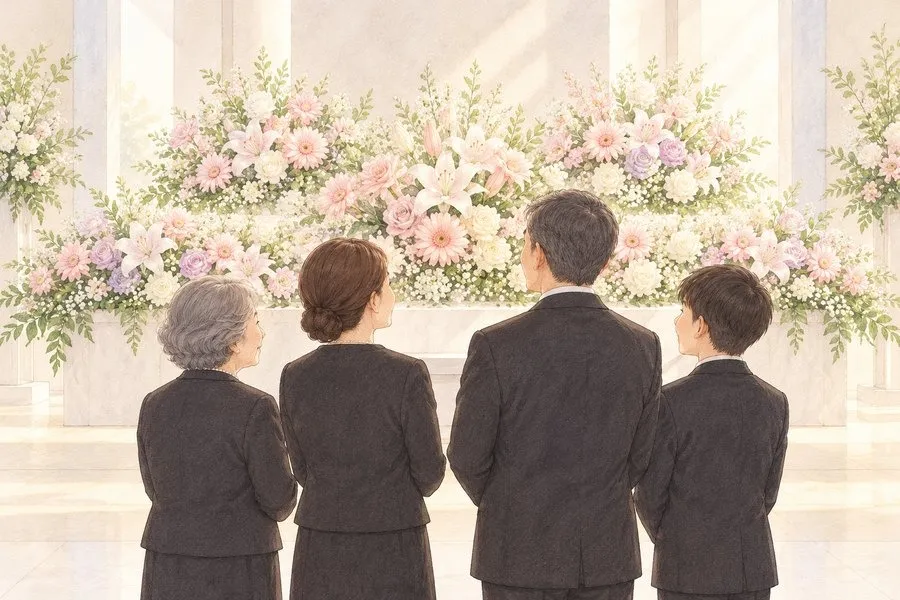 家族葬の天翔,後悔しない家族葬,白い式場の花祭壇の前でご家族が穏やかにお別れする水彩イラスト