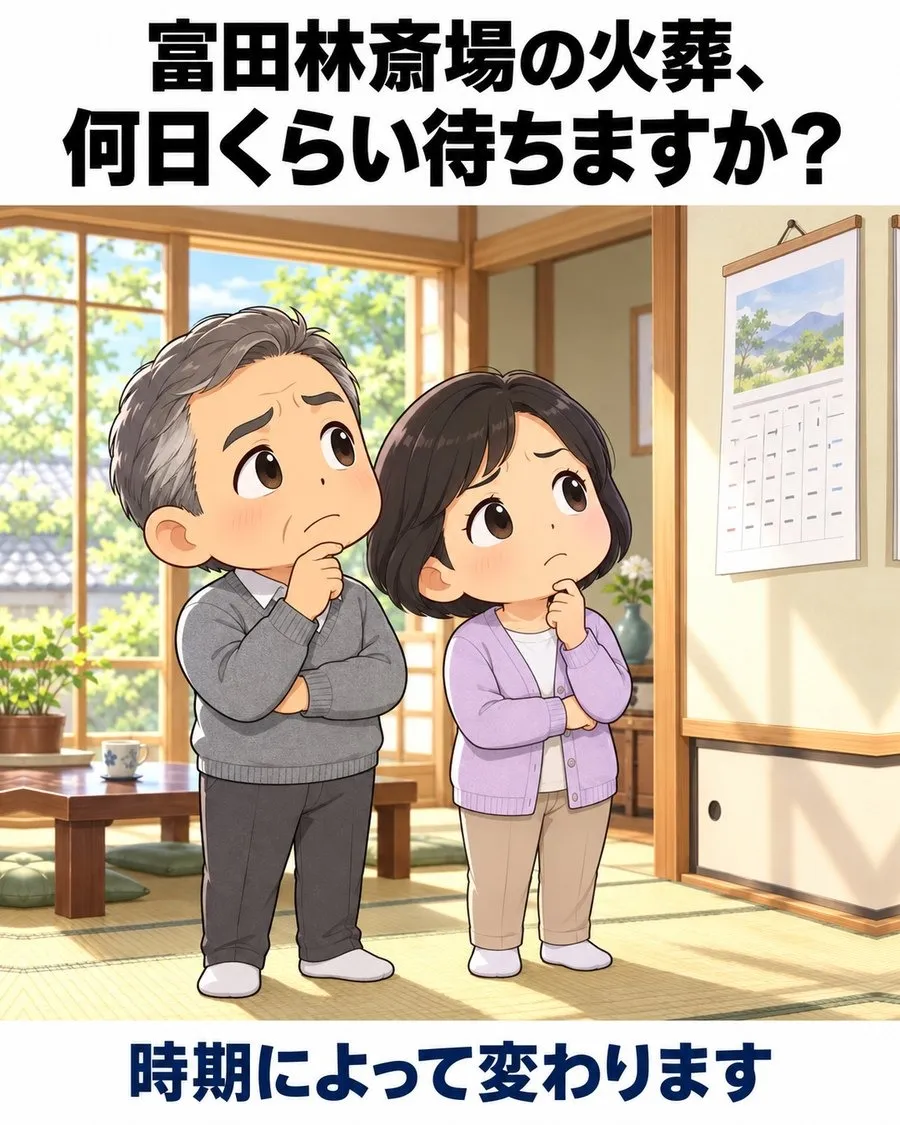 家族葬の天翔,富田林斎場の火葬,居間で壁のカレンダーを見上げて考えこむご夫婦のイラスト